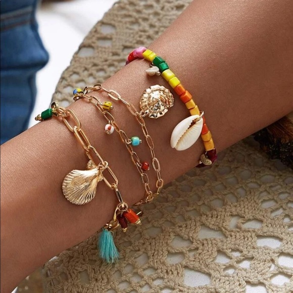 Jewelry - 3 Pc Bead Shell + Tassel Bracelet Set